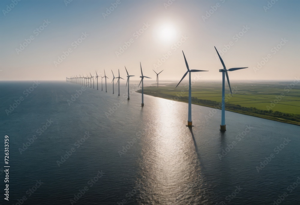 offshore wind farm at dusk, renewable energy background