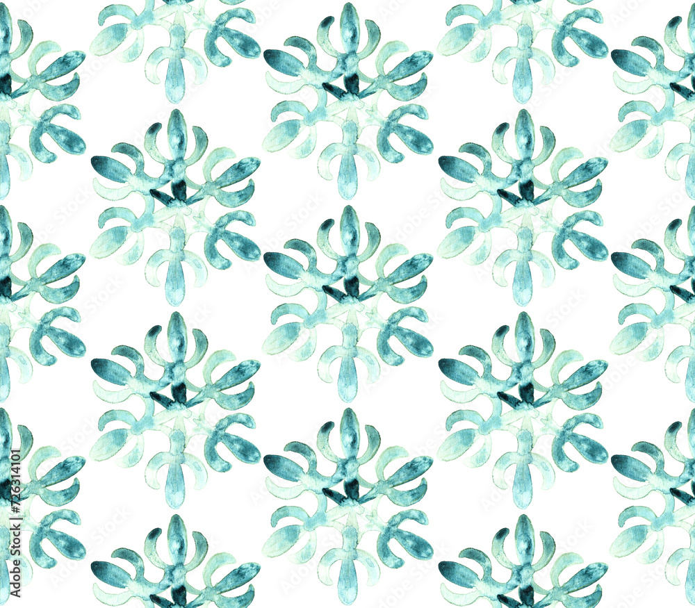 Seamless Moroccan pattern. Hexagonal antique tile. Mint-white watercolor ornament drawn with paint on paper. Handmade. Printing on textiles. Set of grunge textures.