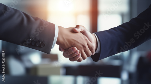 Two man in formal suits shaking hands to celebrate the deal in meeting room,commercial photography,no face ,meeting room background