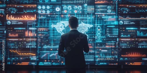 Businessman Uses Virtual Screen To Analyze Complex Data With Ai And Big Data. Сoncept Virtual Screen Analysis, Ai In Business, Big Data Insights, Complex Data Visualization