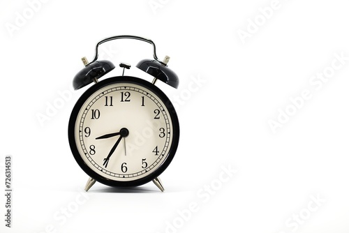 A black alarm clock with two bells on top, chrome handle, and legs, set against a white background. Timeless design meets functionality in this sleek, monochromatic timepiece..