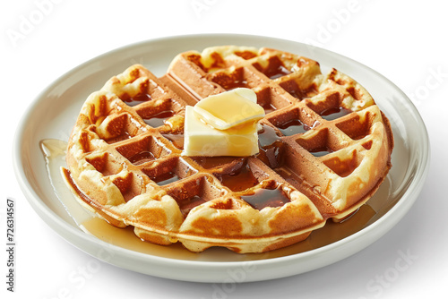 Round waffle with a piece of butter and honey, on a white plate, on a white background