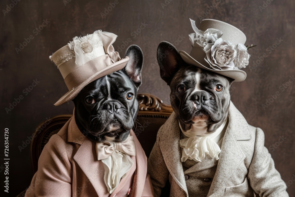 Two dapper pugs, dressed to impress in their finest hats and suits, show off their impeccable fashion sense as they lounge indoors, embodying the perfect balance of style and cuteness