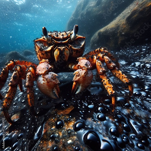 A crab lives among an oil spill. Ecology. Generative AI