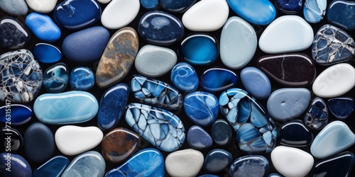 Decorative Mosaic Background With Abstract Blue And Black Ceramic Stones Selective Focus. Сoncept Abstract Art, Mosaic Background, Decorative Design, Ceramic Stones, Selective Focus