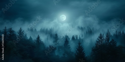 Photographie Enchanting Moonlit Forest Shrouded In Eerie Mist, Perfect For Halloween Vibes