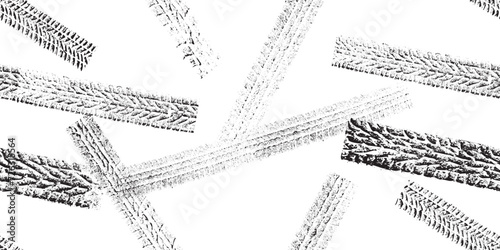 Tire track seamless pattern. Grange tread marks .Grunge textured vector car tread . Car trails endless pattern texture. Tyre track seamless texture. Wheel tire tread track background