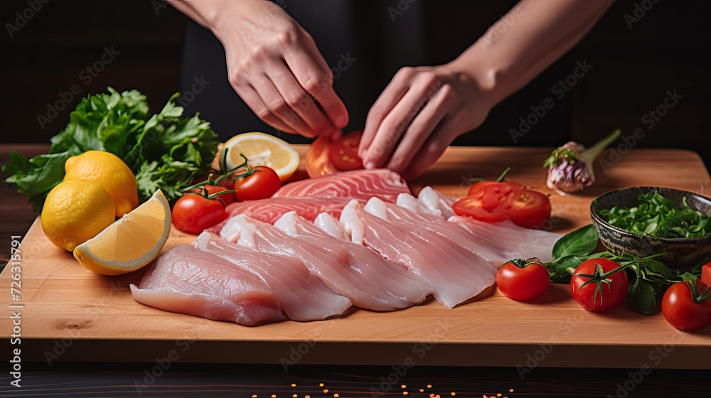 Top view cook cutting raw fish on cutting board vegetables on wood board lemon on table