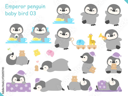 ペンギンの食事と睡眠のベクターイラスト。あらゆるポーズのイラストは孤立していて使いやすい。子ども向けの可愛いデザインのクリップアート