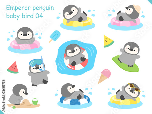 海やプール、ビーチで遊んでいるペンギンのベクターイラスト。あらゆるポーズのイラストは孤立していて使いやすい。夏のチラシや暑中見舞いの挿し絵