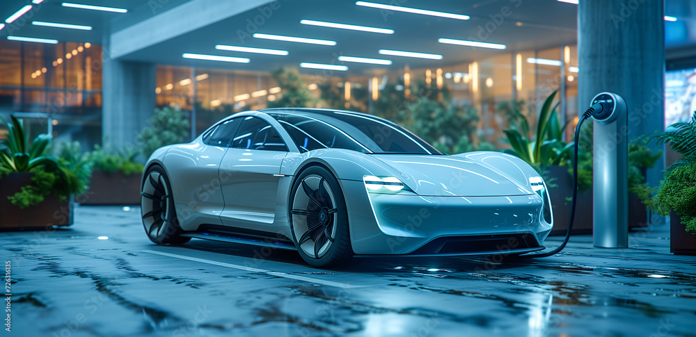 Eco-Friendly Electric Car Charging Amongst Lush Indoor Plants, Embodying Green Energy Innovation Eco-Friendly Electric Car Charging Amongst Lush Indoor Plants, Embodying Green Energy Innovation