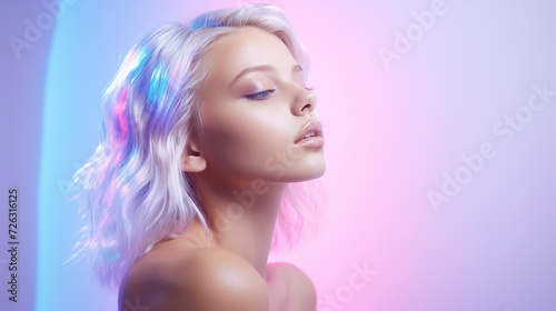 young woman illuminated by a vibrant pink neon light