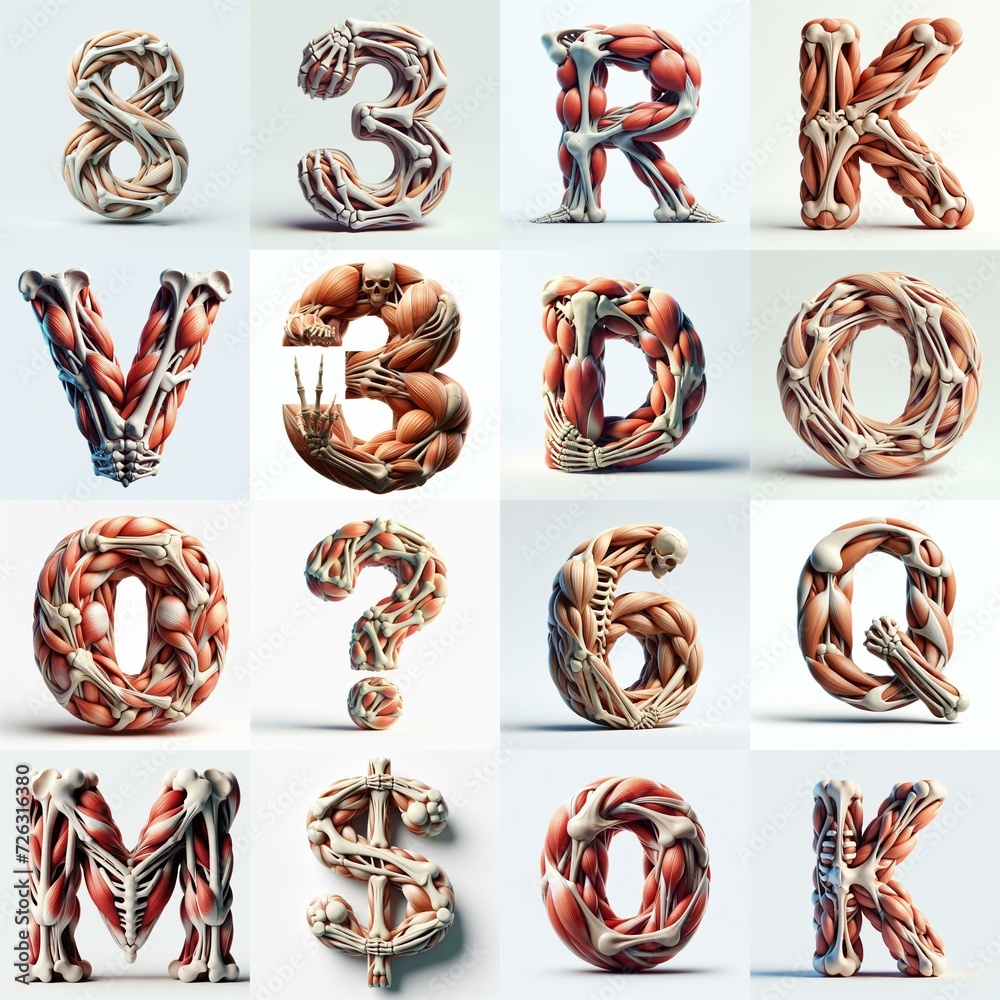 Fototapeta premium 3D lettering what blend Bones and Muscles. AI generated illustration