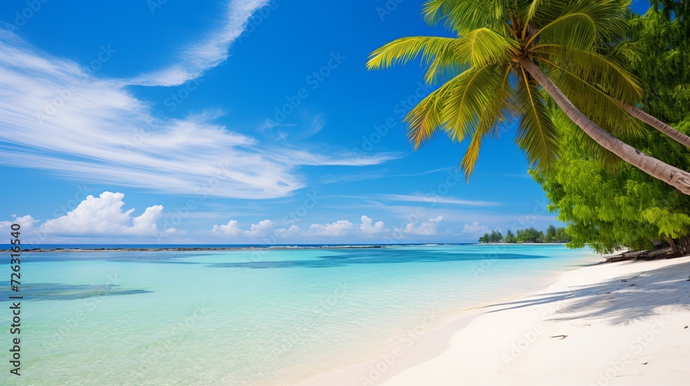 Tropical maldives island with white sandy beach and sea palm