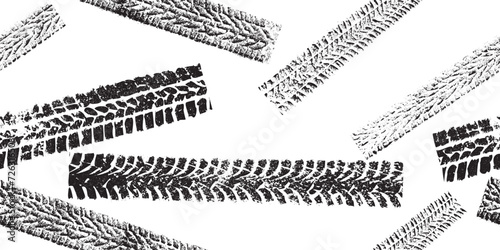 Tire track seamless pattern. Grange tread marks .Grunge textured vector car tread . Car trails endless pattern texture. Tyre track seamless texture. Wheel tire tread track background