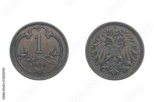 1 Heller 1901. Coin of Austrian Empire. Obverse The double headed imperial eagle with Habsburg-Lorraine shield on breast. Reverse Value above sprays, date below, within curved stylised shield