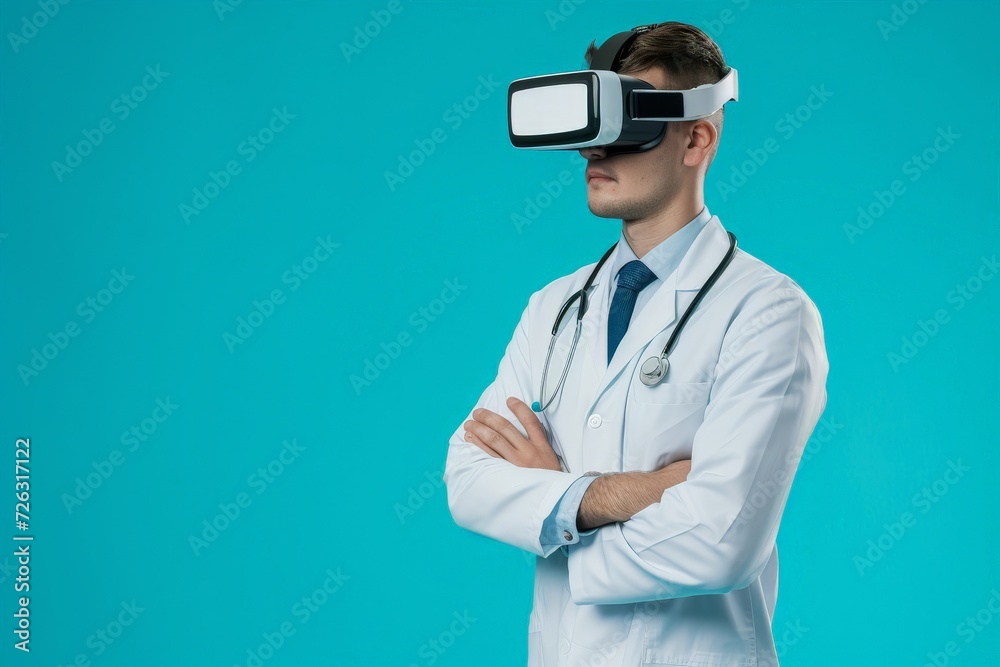 Doctor using VR headset on blue background. Virtual reality, augmented reality concept. Futuristic technology and future medicine. Design for banner, poster with copy space Doctor using VR headset on blue background. Virtual reality, augmented reality concept. Futuristic technology and future medicine. Design for banner, poster with copy space