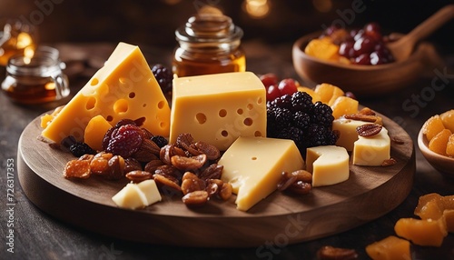 Artisan cheese platter with honey and dried fruit