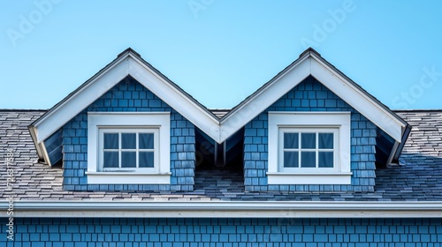 A charming home with a striking blue exterior, boasting pristine white windows and a sloping roof, nestled under a clear sky in a peaceful outdoor setting