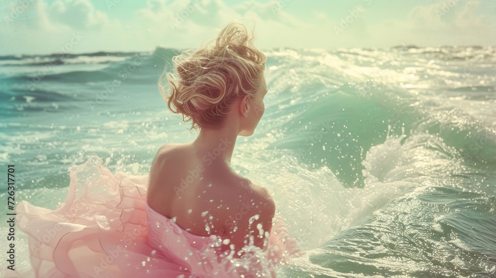 A carefree girl embraces the summer waves, her pink dress billowing in the ocean breeze as she enjoys a refreshing swim at the beach