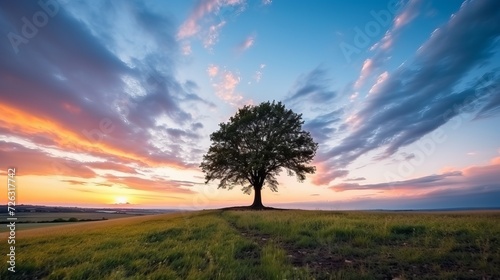 Wide angle shot of a single tree growing under a clouded sky during a sunset surrounded by grass © Tahir