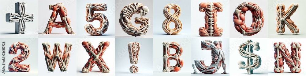 3D lettering what blend Bones and Muscles. AI generated illustration