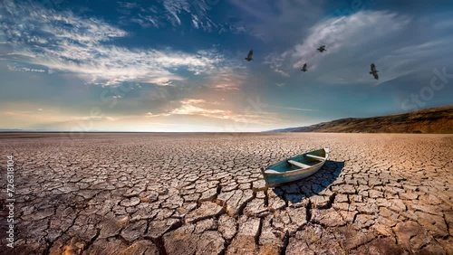 Abandoned rowboat on cracked earth, dry lake bed. Seamless loop. Drought and climate change concept. Global warming. Vultures or birds of prey fly overhead.