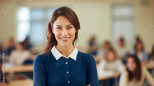 Young beautiful teacher is standing in the school class
