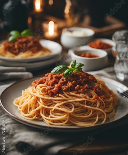 Delicious Italian spaghetti with bolognese at decorative cozy kitchen 