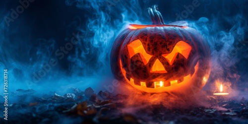 Fiery Halloween Jack O Lantern With An Eerie Glow Amidst The Smoke. Сoncept Haunted House Decorations, Spooky Costume Ideas, Deliciously Creepy Halloween Treats, Diy Halloween Crafts