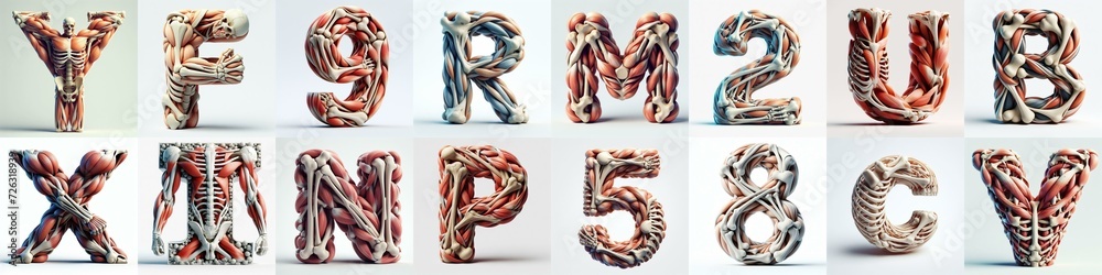 3D lettering what blend Bones and Muscles. AI generated illustration
