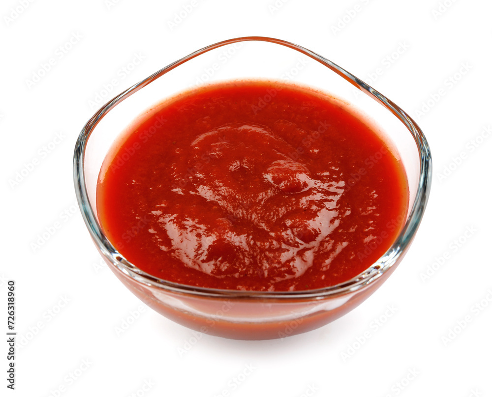 Ketchup in a glass cup isolated on a white background. Tomato sauce . Ketchup in a glass cup isolated on a white background. Tomato sauce .