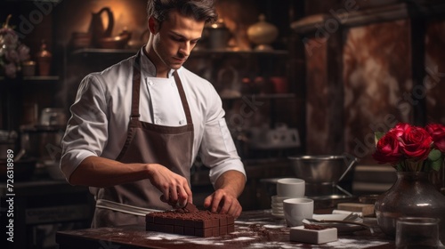 Portrait of a handsome young professional pastry chef preparing a chocolate dessert in the kitchen of a restaurant. Pastry shop, bakery, food concepts.