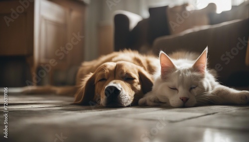 cat and dog sleep together on the floor inside the house in friendship  