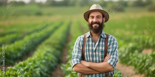 Happy Bearded Farmer Stands Confidently, Arms Crossed, Amidst Lush Green Fields. Сoncept Farm Life, Bearded Farmer, Green Fields, Confidence, Nature Beauty