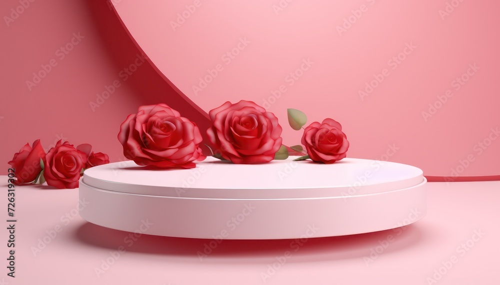 3d render of white podium with red roses on a pink background 3d render of white podium with red roses on a pink background