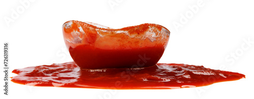 Tomato sauce . Glass cup with ketchup and a puddle of ketchup spilled around it isolated on a white background.
