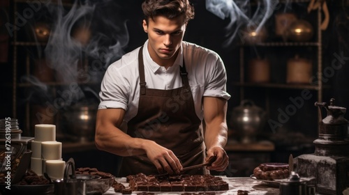 Portrait of a handsome young professional pastry chef preparing a chocolate dessert in the kitchen of a restaurant or hotel. Pastry shop  bakery  food concepts.