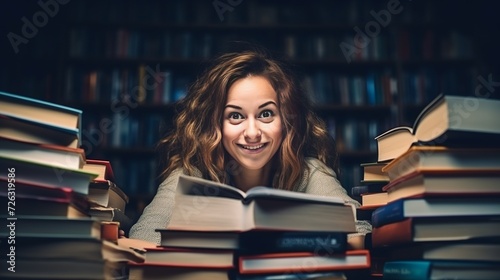 Portrait of adult woman holding pile of books