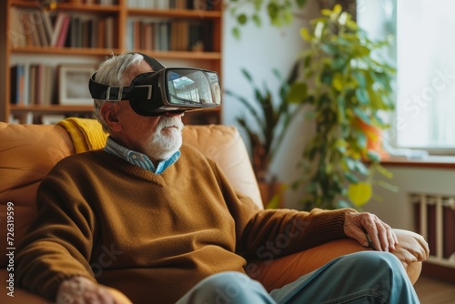 Elderly man using virtual reality headset in home library. Virtual reality, augmented reality concept. VR / AR metaverse simulation. Futuristic technology and future