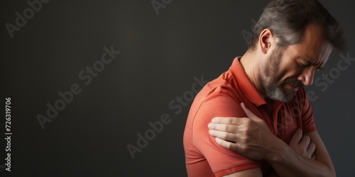 Man Experiencing Shoulder Pain, Gripping Area Of Injury, Anatomy Of Human Body. Сoncept Shoulder Injury, Hand Grips, Human Anatomy, Pain Management photo