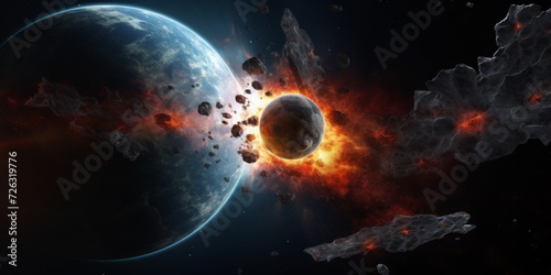 Massive Osteroid Collides With Planet, Cataclysmic Impact Threatens Existence. Сoncept Space Exploration, Planetary Collisions, Catastrophic Events photo