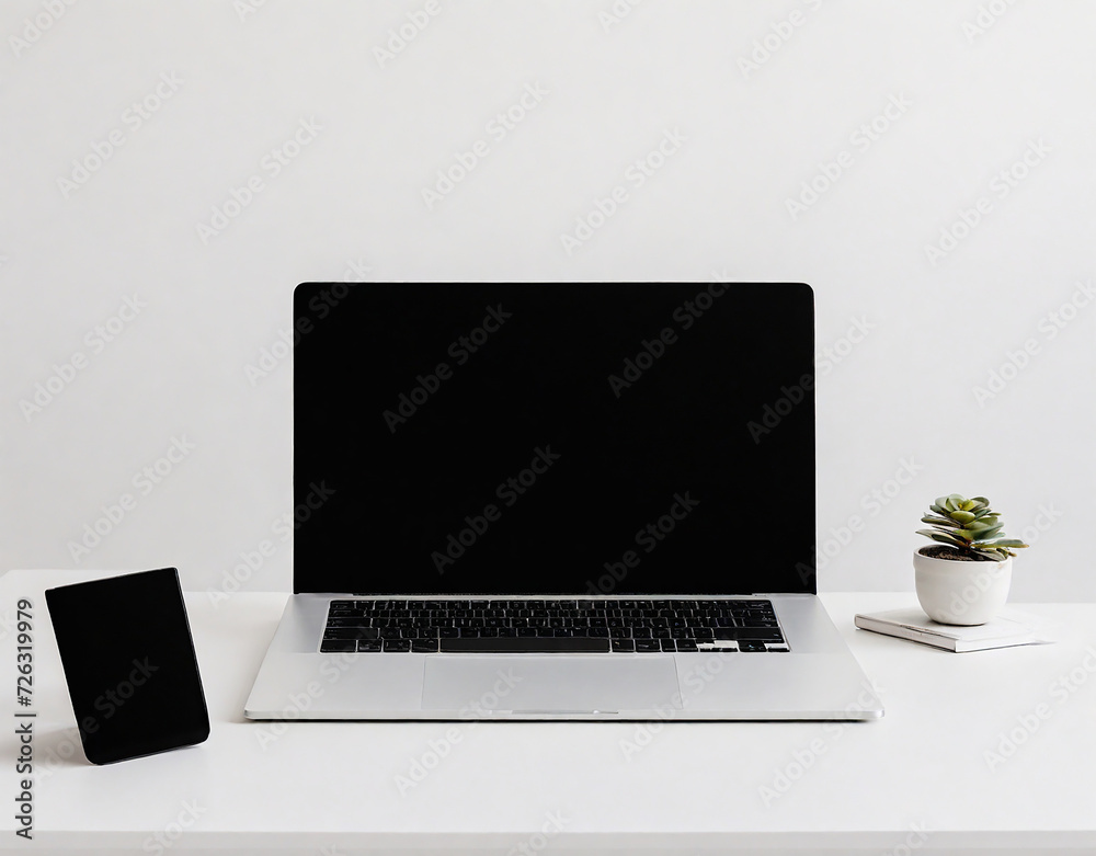 Fototapeta premium Laptop on white table to white wall