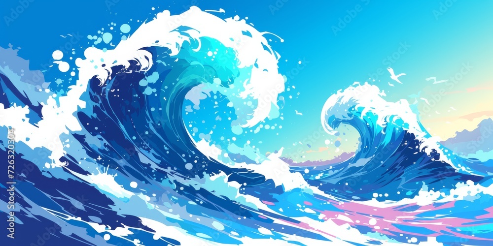 Powerful Waves Forcefully Crash Down, Pulsating With Dynamic And Intense Energy In Comicstyle Poster Design. Сoncept Comic-Style Waves, Dynamic Energy, Intense Poster Design