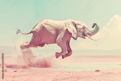 An awe-inspiring indian elephant defies gravity, soaring through the open sky with its majestic tusks, showcasing the wild beauty of these incredible creatures