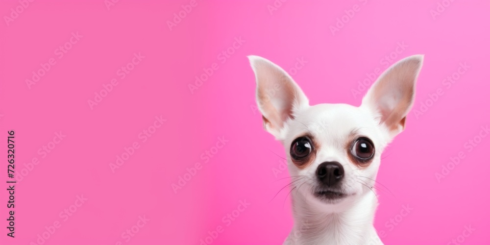 Startled Chihuahua Gazes Left Against Vibrant Pink Background Ample Room For Text. Сoncept Startled Chihuahua, Vibrant Pink Background, Ample Room For Text
