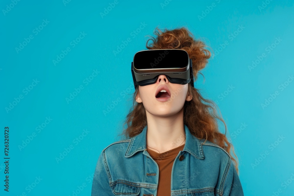 Surprised young woman in VR headset against blue background. Virtual reality, augmented reality concept. VR / AR metaverse simulation. Future technology. Design for banner, poster with copy space