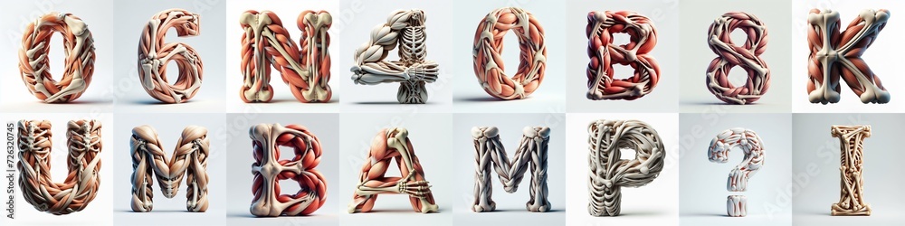 3D lettering what blend Bones and Muscles. AI generated illustration - obrazy, fototapety, plakaty 