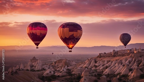 dozens of hot air balloon tours in Cappadocia, Turkey. warm and pink sunset vibe 