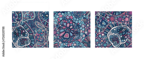 Set of three vector seamless colorful abstract organic patterns. Abstract backgrounds in biological style. Macro image, plants, magnified under a microscope.